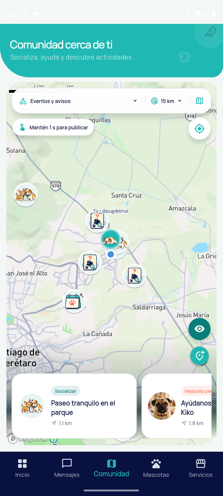 Pantalla real del mapa de Comunidad en Zoamigo